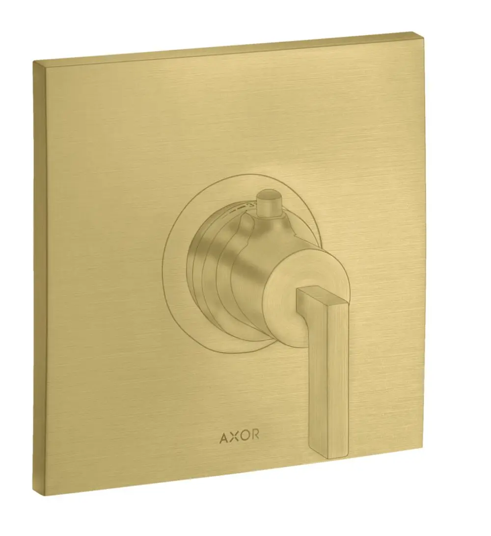 Unterputz-Thermostat mit Hebelgriff in gebürstetem Messing von AXOR. Rechteckige Platte mit rundem Bedienelement in der Mitte und seitlichem Hebel.
